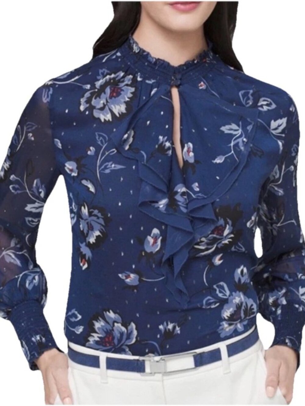 WHITE HOUSE BLACK MARKET Navy Blue Floral Shimmery Ruffled Sheer Blouse Sz 8